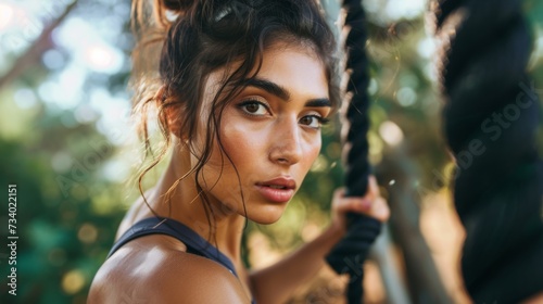 Workout, a motivated woman, active lifestyle. A young woman on an outdoor climbing rope course, displaying determination and strength amidst nature