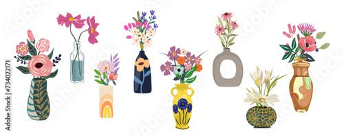 Set of wild and garden blooming flowers in vases and bottles. Collection of bouquets, decorative floral design elements. Vector colorful illustrations isolated on white background.