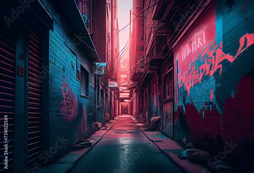 a street alley full of graffiti in a pink and blue desaturated pastel gradient style. vaporware illustration of an alley surrounded by graffiti. Generative Ai photo