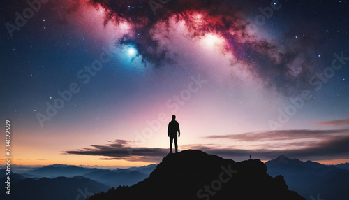 Man silhouette admiring colorful nebula from mountain summit