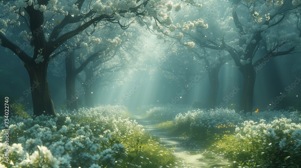 Mystical forest path lined with white blossoms under a canopy of trees, with rays of light piercing through the mist. - obrazy, fototapety, plakaty 