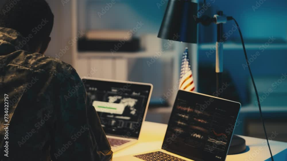 U.S. cyber security officer working in military center, scanning system malware