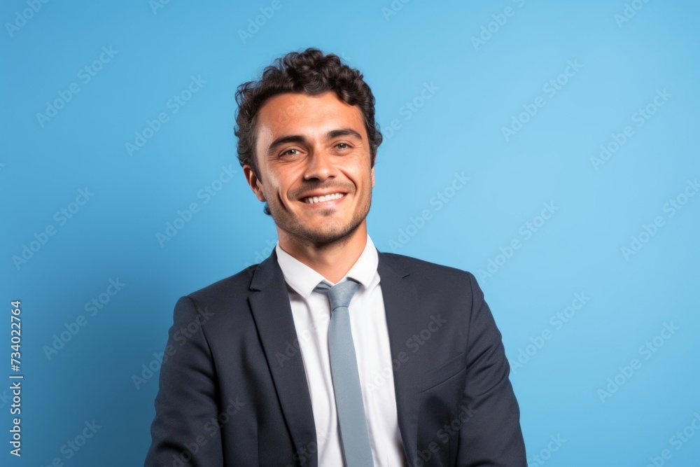 Portrait of a young business man with curly hair on blue background Portrait of a young business man with curly hair on blue background