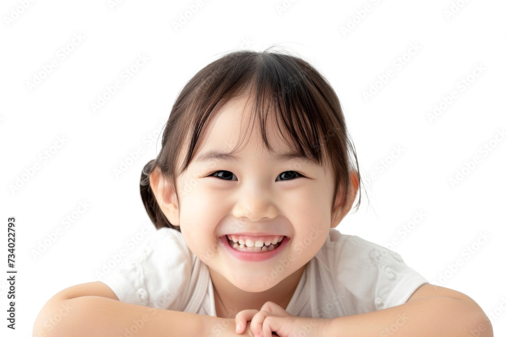 Studio portrait of a cute happy little girl with a beautiful smile isolated on transparent png background.