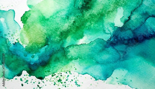 Abstract watercolor painting in teal and green color with fluid shapes. Textured blotches and blobs.