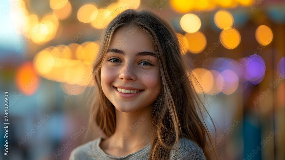 A girl with long hair is smiling at the camera. She is at a carnival with a ferry wheel in the background. A girl with long hair is smiling at the camera. She is at a carnival with a ferry wheel in the background.