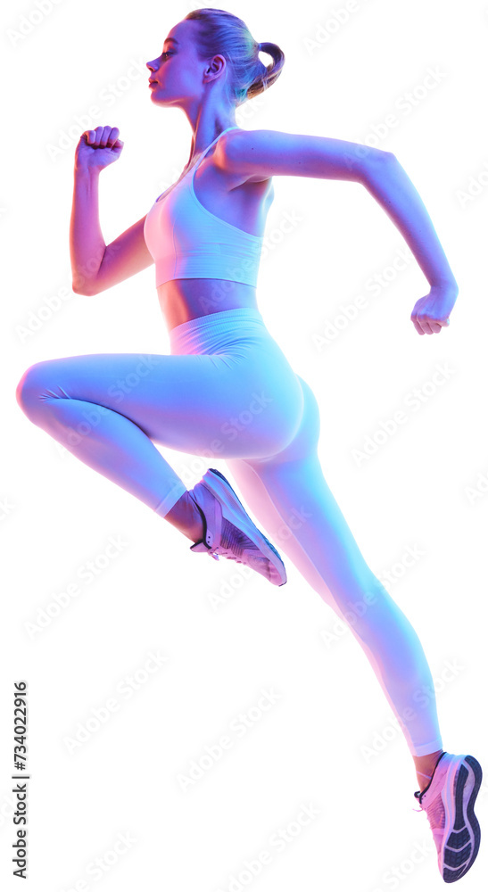 Side view portrait of young sporty woman running in action isolated against transparent background in neon light. Warming-up. Concept of sport, fitness, healthy lifestyle, strength, youth. Copy space Side view portrait of young sporty woman running in action isolated against transparent background in neon light. Warming-up. Concept of sport, fitness, healthy lifestyle, strength, youth. Copy space