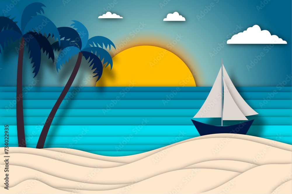 Beach landscape at sunset in paper style. Beautiful paper beach with palimas and sea view with sailboat against sunset background and blue sky with clouds.