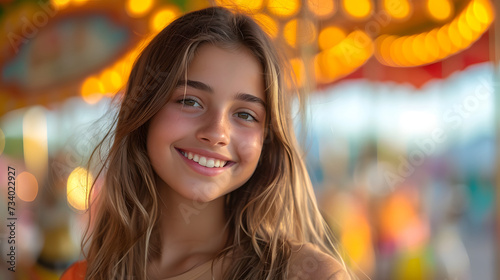 A girl with long hair is smiling at the camera. She is at a carnival with a ferry wheel in the background.