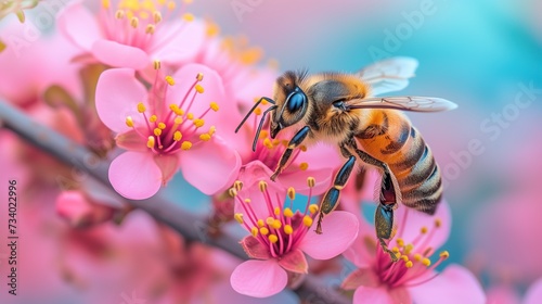 A honeybee on vibrant pink blossoms, its striped body detailed, antennae sensing the environment. © DigitalArt