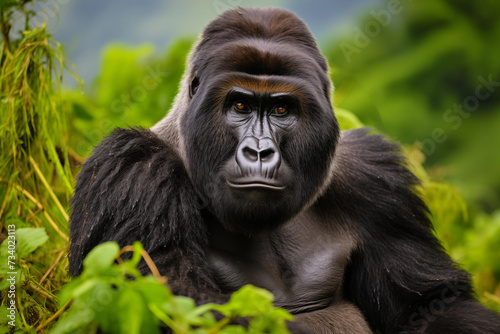 Portrait of a Western Lowland Gorilla in the green forest, close up photo