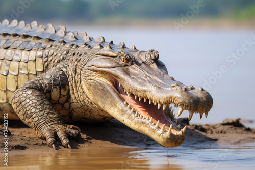 Close-up portrait of a crocodile with open mouth on the river bank