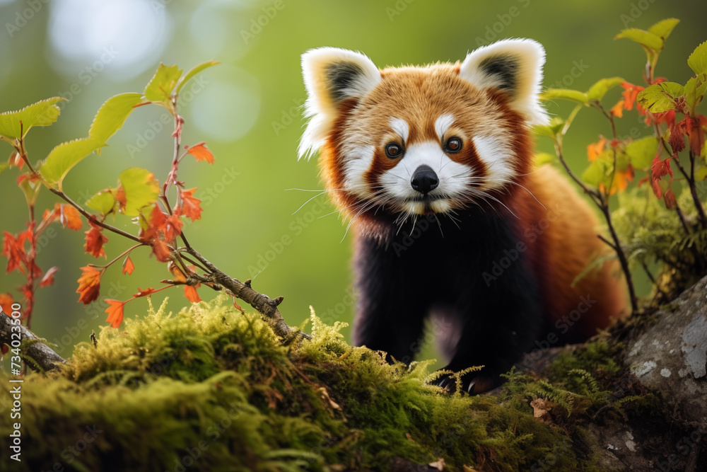 Fototapeta premium Portrait of Red Panda - Ailurus fulgens in the green forest