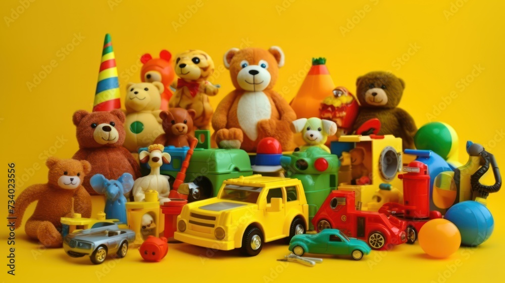 Obraz premium A lot of children's toys. Multicolored children's toys are boxed. Many different bright children's toys.