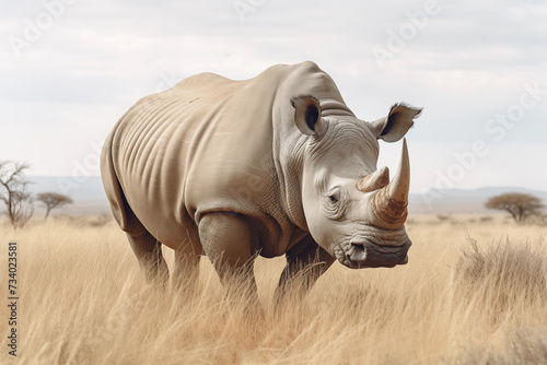 Portrait of White Rhinoceros Ceratotherium simum in the savannah photo