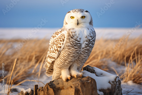 Snowy Owl - Bubo scandiacus in winter arctic Tundra photo
