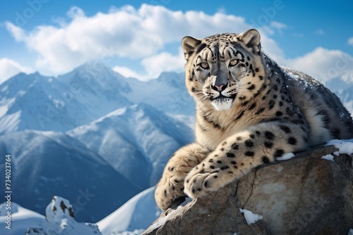 Snow leopard - Panthera uncia, sitting on a rock in the mountains against the blue sky