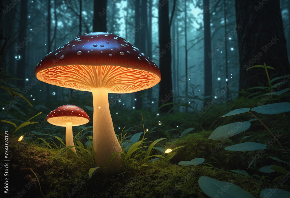 Fototapeta premium Enchanting forest lamps illuminated by fireflies