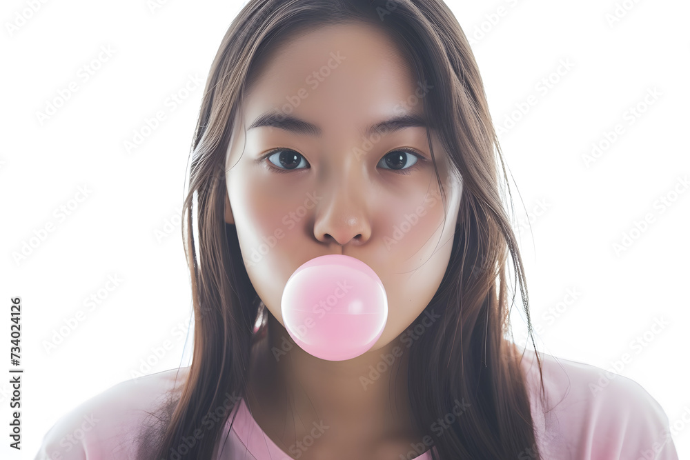 Close up portrait of pretty asian woman chewing pink bubble gum Close up portrait of pretty asian woman chewing pink bubble gum