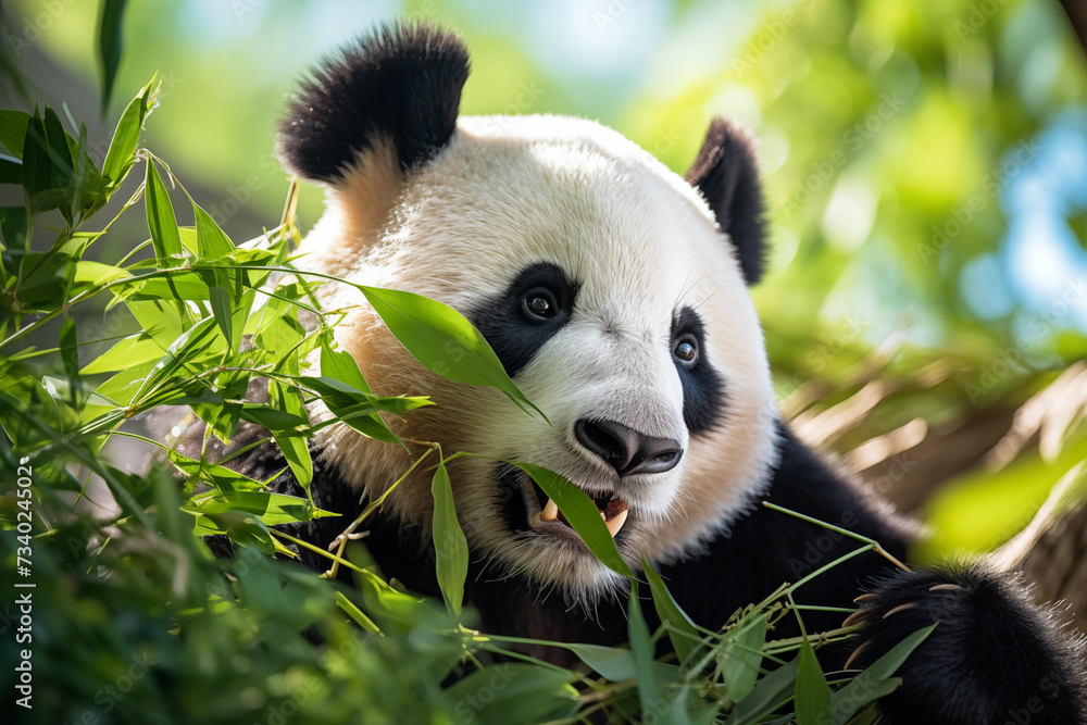 Fototapeta premium Portrait of a giant panda eating bamboo in the forest