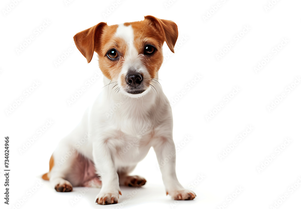 a cute small dog sitting in front of a white backgrou