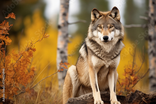 Portrait of a gray wolf sitting on a log in the autumn forest