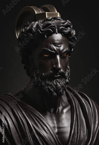 Illustration of a Greek deity against a dark backdrop