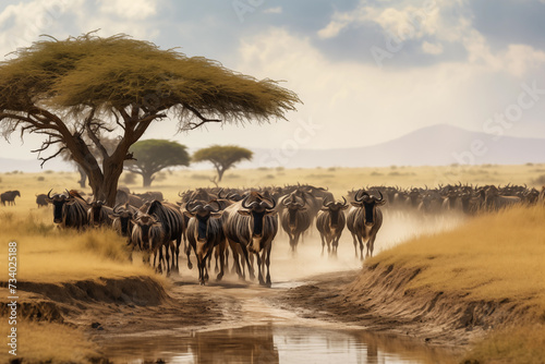 Herd of buffaloes crossing a dirt road in the savannah in South Africa. Wildebeest migration © Татьяна Евдокимова