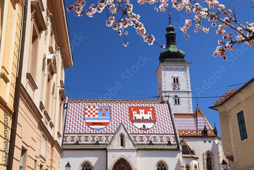 St Mark's Church, Zagreb in Croatia. Spring time cherry blossoms.