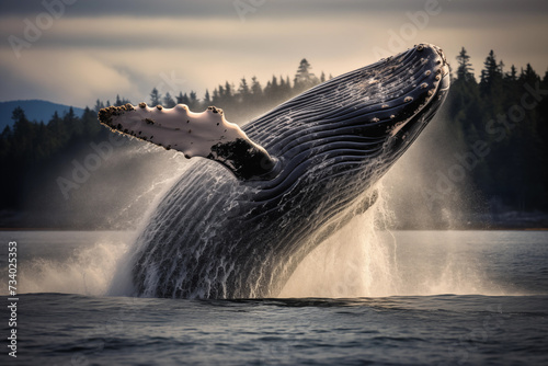 Close-up of a humpback whale jumping out of the water against the backdrop of a coniferous forest © Татьяна Евдокимова