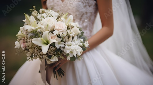 Bride in white wedding dress holding bridal bouquet