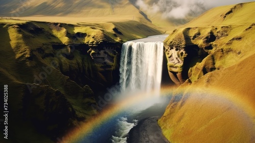 Drone shot of skgafoss waterfall forming beautiful rainbow, icelandic landscape with nordic nature. Spectacular scandinavian cascade flowing down off of cliffs, panoramic view.