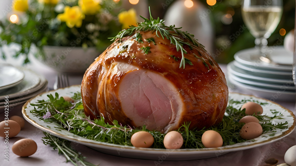 Glazed Easter Ham Adorned with Fresh Herbs on Festive Table Glazed Easter Ham Adorned with Fresh Herbs on Festive Table