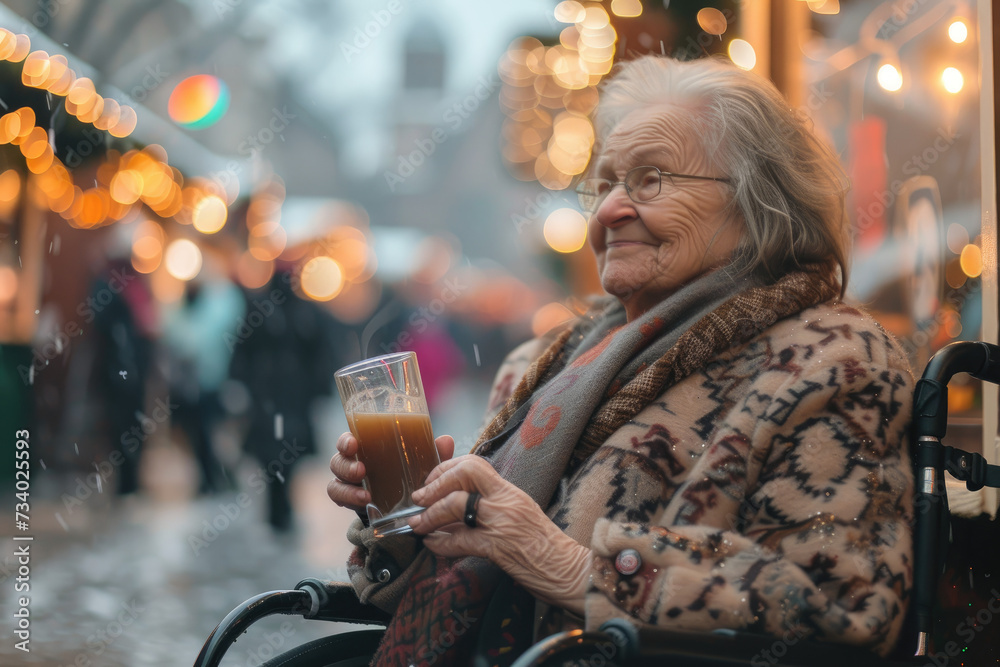 Happy senior woman in wheelchair drinking mulled wine at Christmas fair