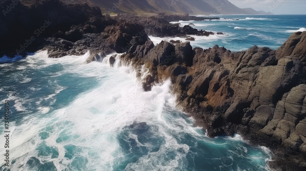 Drone view of Tenerife south coast with Atlantic ocean and strong swell beating against the walls of a rocky cliff, blue rough sea with big waves