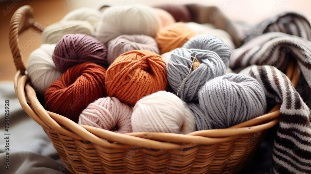 Craft knitting hobby background with yarn in natural colors. Recomforting hobby to reduce stress for cold fall and winter weather.