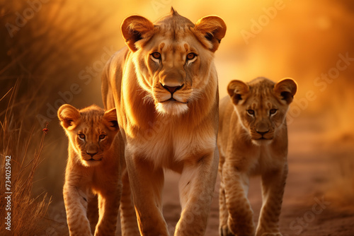 Group portrait of Lioness with cubs in the sunset light. Lions in their natural habitat