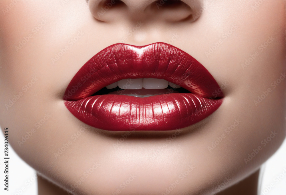 Obraz premium Glamorous lipstick on sultry lips against transparent white backdrop