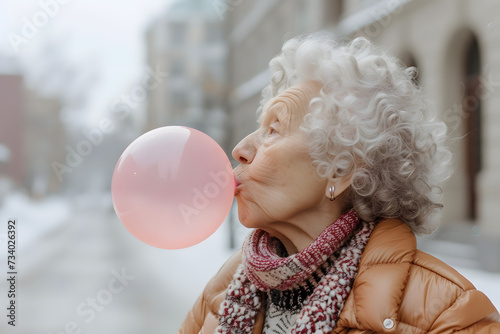 Elderly  woman chewing pink bubble gum photo