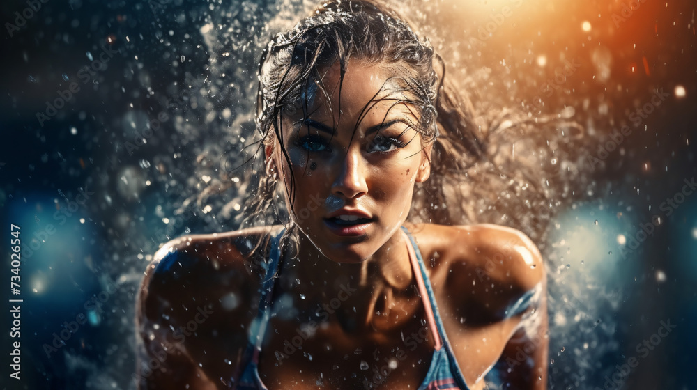 Beautiful sexy woman in wet sportswear with water splashes
