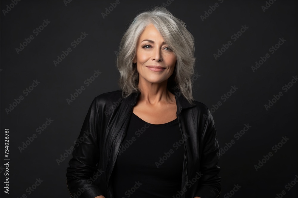 Portrait of a beautiful senior woman with grey hair on a dark background