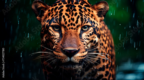 a jaguar in the rain looking at the camera