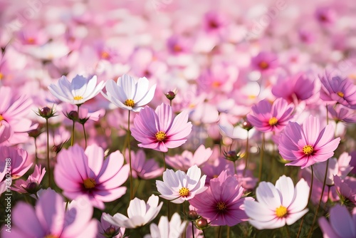 Aerial shot of a field of cosmos flowers  their delicate petals forming a picturesque background for text.