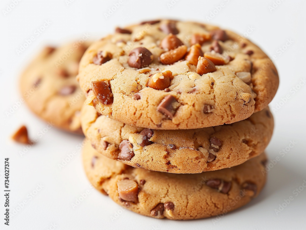Cookies with chocolate chips are isolated on a white background in a minimalist style.