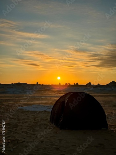 Tent in the desert  sunrise in the morning 