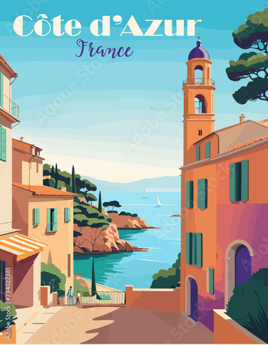 Cote d'Azur, France Travel Destination Poster in retro style. French Riviera vintage colorful print. European summer vacation, holidays concept. Vector art illustration. photo