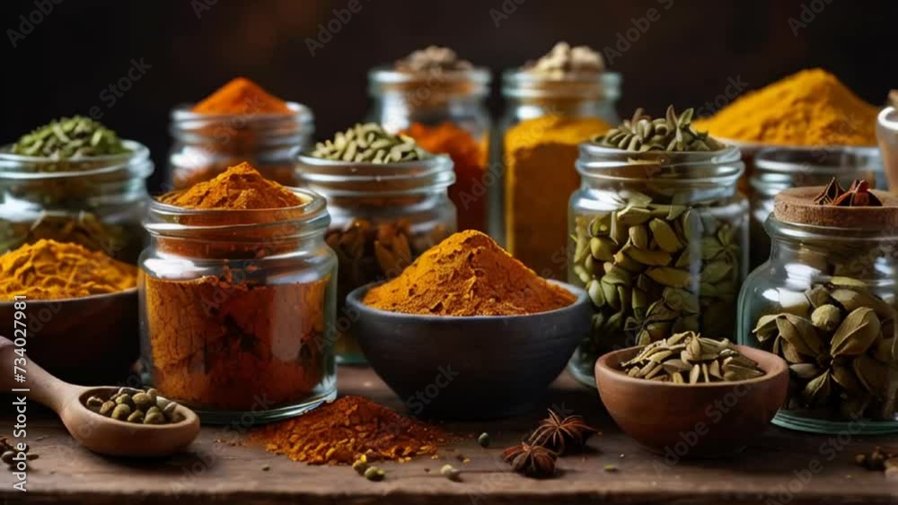 many different dry spices in glass jars in the kitchen many different dry spices in glass jars in the kitchen