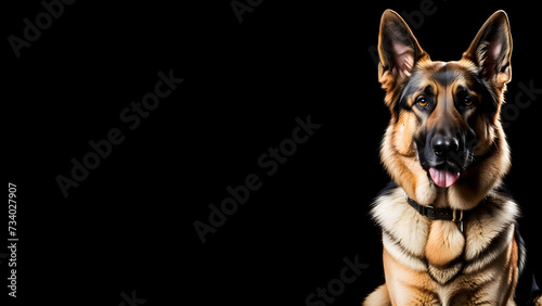 A German shepherd dog sits for a full-body portrait, contrasting against a solid black background