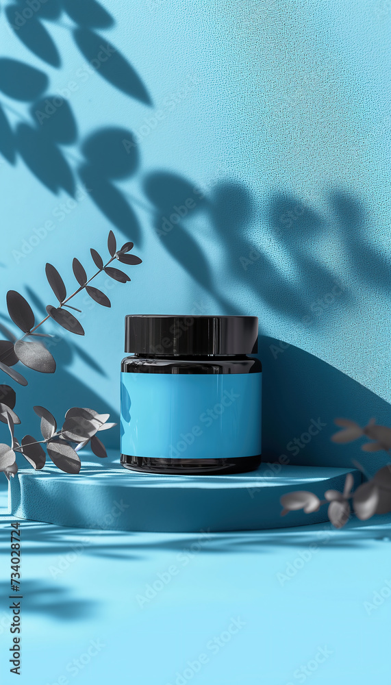 Cosmetic cream jar on blue background with shadows. Beauty product mockup Cosmetic cream jar on blue background with shadows. Beauty product mockup