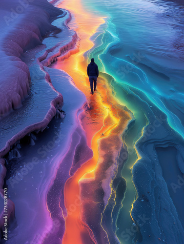 Man walking over luminiscent frozen lake. 